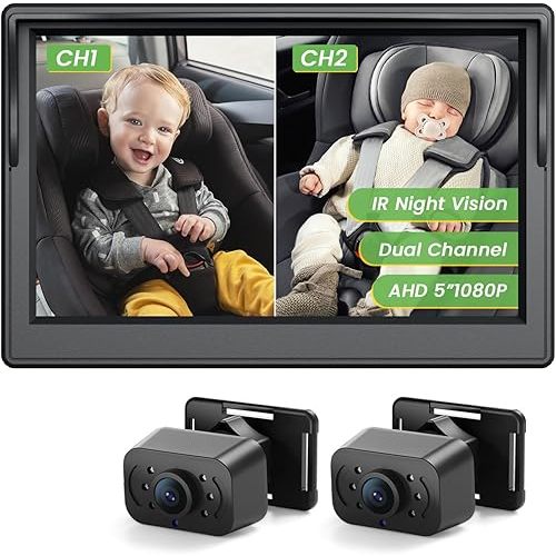 IPOZITO Car Camera for Baby Car Monitor for 2 Kids 5 inch Display HD 1080P Dual-Channel Car Baby Camera with IR Night Vision Adjustable Bracket Lengt Clear Wide View for Rear Facing Seat