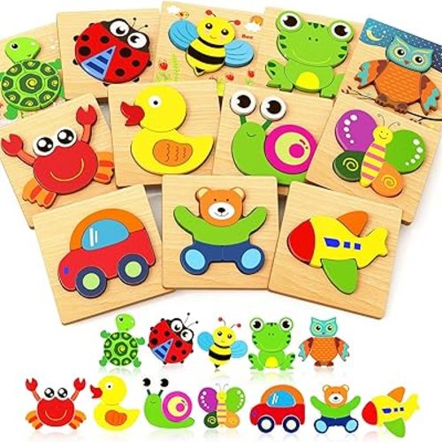 Wooden Puzzles Toddler Toys Gifts for 1 2 3 Year Old Girls Boys, 12 Pack Animal Jigsaw Puzzles Montessori Toys, Learning Educational Birthday Gifts for Girls Boys Ages 1-3