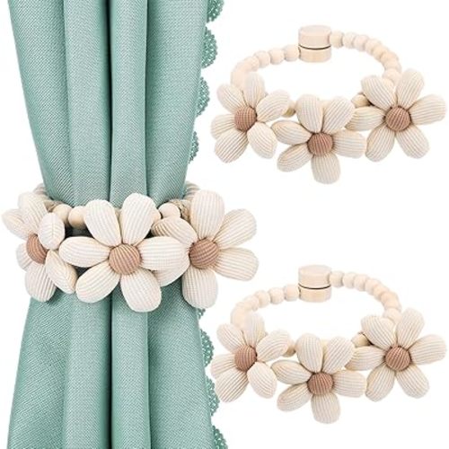 2 Pcs Beaded Sunflower Magnetic Curtain Tiebacks Boho Wooden Curtain Tie Backs for Farmhouse Curtains Holders for Bedroom Decor Baby Nursery Decor for Home Office(Velvet,Elegant Style)