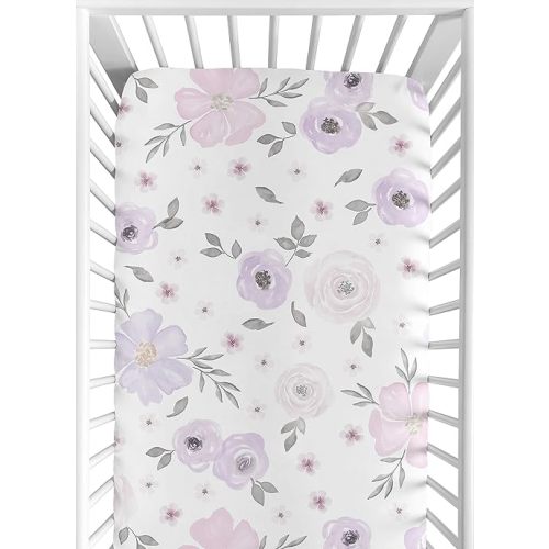 Sweet Jojo Designs Lavender Purple, Pink, Grey and White Baby or Toddler Fitted Crib Sheet for Watercolor Floral Collection - Rose Flower