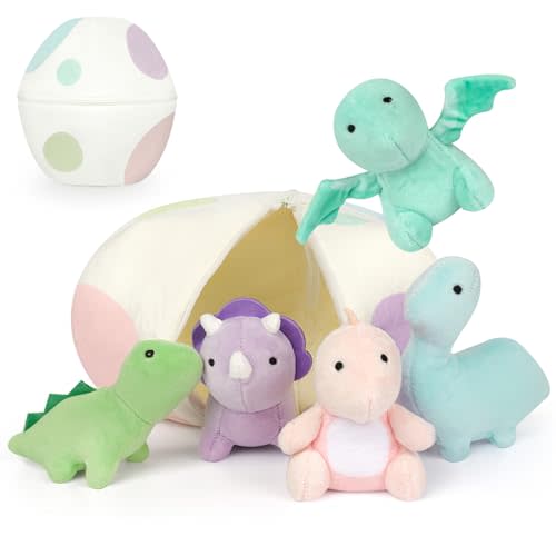 KOPHINYE Plush Dinosaur Stuffed Animals, 5 PCS Dino Plush Toys and Egg Bag Set, Cute Small Dinosaur Plushie Toy for Kids Toddlers Boys, Birthday, Dino Party Favors