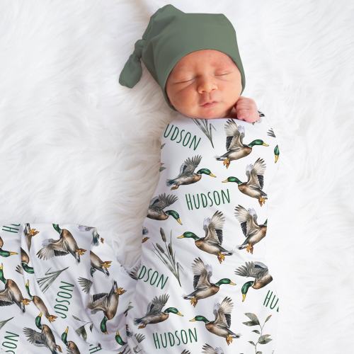 Personalized Mallard Duck Swaddle Blanket Farm Name Baby Blanket Newborn Baby Boy Coming Home Outfit Hospital Photo Outfit Baby Shower Gift