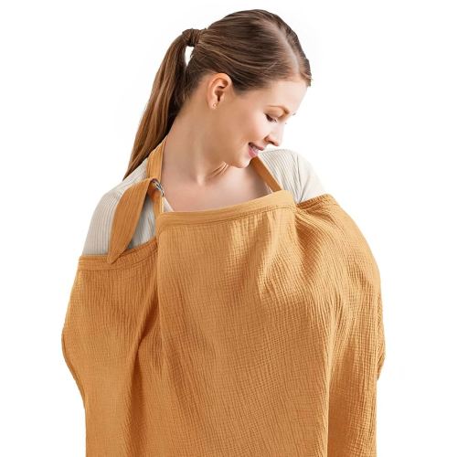 Blissful Diary Muslin Nursing Cover for Breastfeeding, Breathable Breastfeeding Cover up with Arch Neckline for Women, Nursing Apron (Retro Yellow)