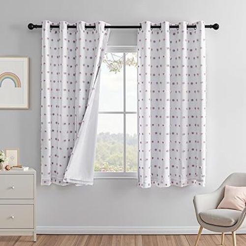 MEETSKY 100% Blackout Curtains for Girls Room 63 Inch Length 2 Panels，Full Light Blocking Purple Pom Pom Curtains for Kids Room, Room Darkening Kitchen Window 2 Layered Drapes 52W x 63L