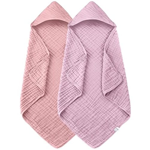 Spotted Play 2 Pack Hooded Baby Towels - 100% Muslin Cotton for Newborns, Infants, Toddlers - Large 32x32 Inch Size - Highly Absorbent and Essential for Newborn Care, Light Sakura