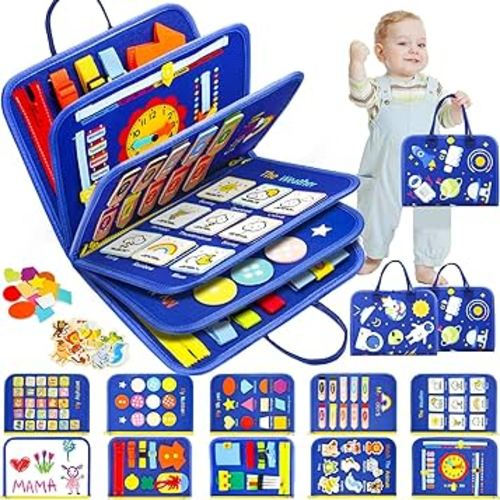 12 Pages Busy Board, Montessori Sensory Toys for Toddlers 1 2 3 4 Year Old Boys Girls Birthday Gifts, Educational Learning Toys for Ages 2-4 for Plane Car Rides Travel Busy Book