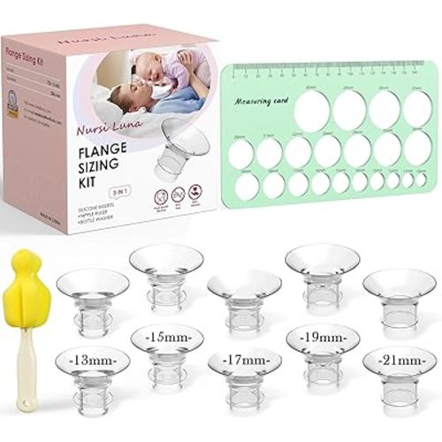 Flange Sizing Kit 3 in 1 Ultimate with 10PCS Flange Inserts 13/15/17/19/21mm, Nipple Ruler, Cleaning Brush, Silicone Flange Insert Kit for 24mm Most Pumps, Pumping Breastfeeding Essentials