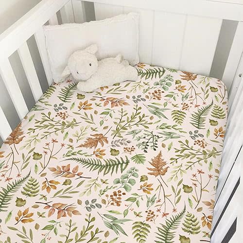 Autumn Ferns and Leaves Baby Crib Sheets 52''x28'' Fall Leaves Snug Fitted Crib Mattress Cover for Boy Girl Wild Plants Soft Nursery Baby Bed Sheet for for Standard Crib and Toddler Mattresses
