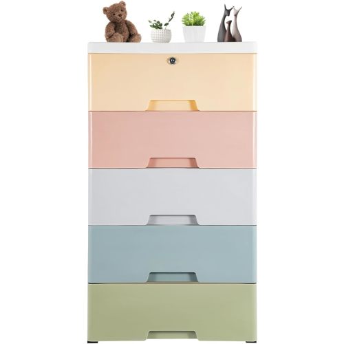 Plastic Dresser 5 Drawers, Closet Drawers Tall Standing Dresser Bedside Furniture & Night Stand End Table Dresser for Office,Playroom,Bedroom Furniture,Multicolor