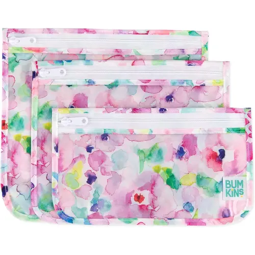 Bumkins Travel Bag, Toiletry, TSA Approved Pouch, Zip Bag, Quart Size Airline Compliant, Clear-Sided, Baby, Diaper Bag Organization, Makeup, Accessories, Packing, Set of 3 Sizes, Watercolors Floral