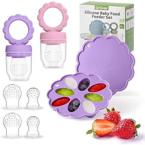 Silicone Baby Fruit Food Feeder Breastmilk Popsicle Molds Set, Baby Food Freezer Tray for Cooling Teething Relief, Baby Food Feeder for Safe Infant Self Feeding, Includes 6 Extra Food Pacifier