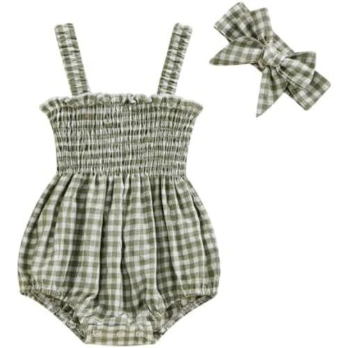 FOMOYUU Newborn Baby Girl Romper Summer Sleeveless Smocked Cotton Linen Clothes Outfit with Headband