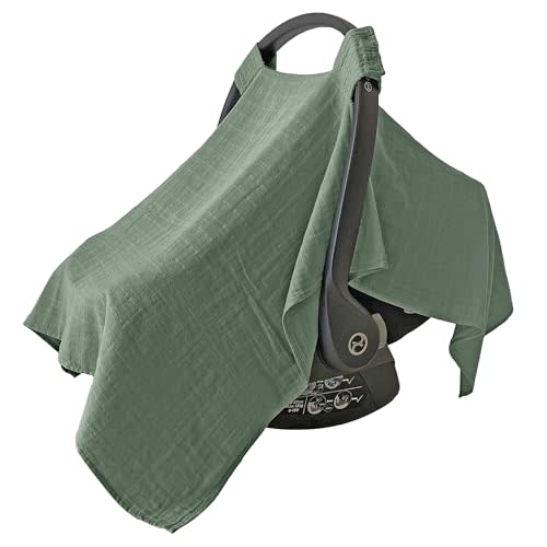 MOZAH 100% Organic Muslin Carseat Cover Boy or Girls Muslin Car Seat Cover Car Seat Cover for Babies (Roman Green)