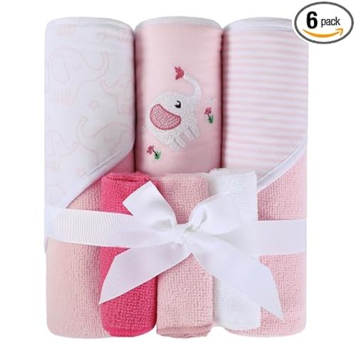 Softan Baby Hooded Towels and Washcloths Set 6 Pack, 28x28 Ultra Soft & Absorbent Baby Bath Towels for Newborn Infant Toddler, Unisex Boys Girls (Pink Elephant)