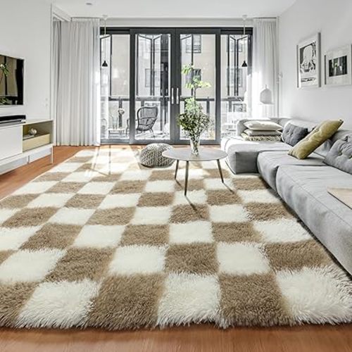 KICMOR 6x9 Rugs for Living Room Beige and Cream White, Large Big Fluffy Shag Fuzzy Checkered Area Rug Shaggy Carpets for Bedroom, Soft Plush Rug for Kids Boys Girls Dorm Nursery Playroom Home Decor