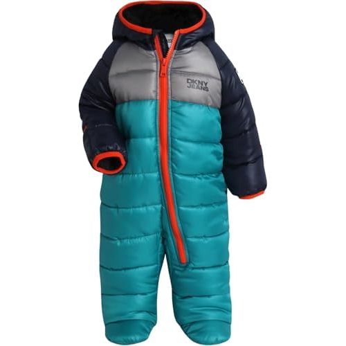DKNY Baby Boys' Snowsuit - Full Zip Up Sherpa-Lined One Piece Romper Baby Bodysuit - Insulated Baby Boys Hooded Jumpsuit 0-9