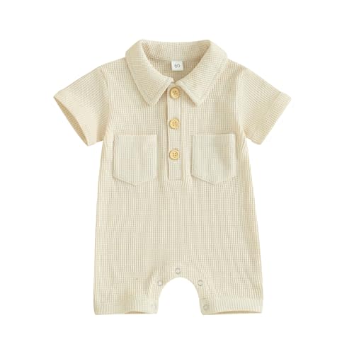 Lukivech Newborn Baby Boy Clothes Waffle Knit Short Sleeve Romper Jumpsuit Collared Bodysuit One-Piece Summer Outfit