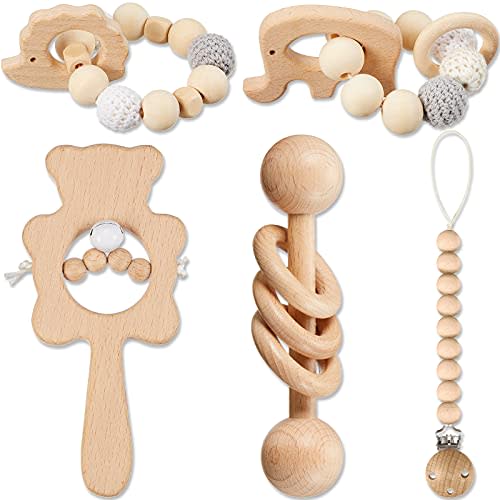 6 Pieces Wooden Baby Toy Wooden Rattles Teether Toys Animal Wood Molar Ring Montessori Neutral Handmade Toys for Baby Shower Teething Chewing Toddler Infant Boys and Girls (Cute Color)
