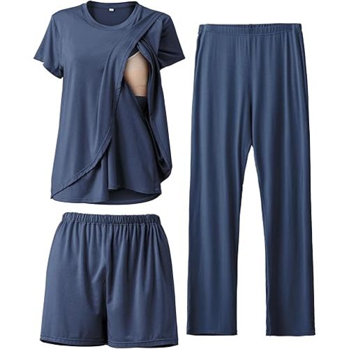 Rnxrbb 3 Piece Postpartum Nursing Pajamas Set Maternity Breastfeeding Pjs | Easy Side-Access Breastfeeding Sleepwear Lounge Clothes,Adjustable High-Waist Pants&Shorts for Pregnancy and Postpartum