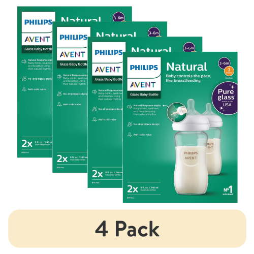(4 pack) Philips Avent Natural Glass Baby Bottles with Natural Response Nipples (Medium Flow, Flow 3), 8oz, 2-Pack, SCY913/02