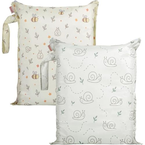 HECCEI Wet Dry Bag, 2-Pack Reusable Waterproof Wet Bags for Swimsuits & Baby Clothes, Leakproof Cloth Diaper Wet Bags for Travel & Diaper Changes (Garden Friend)