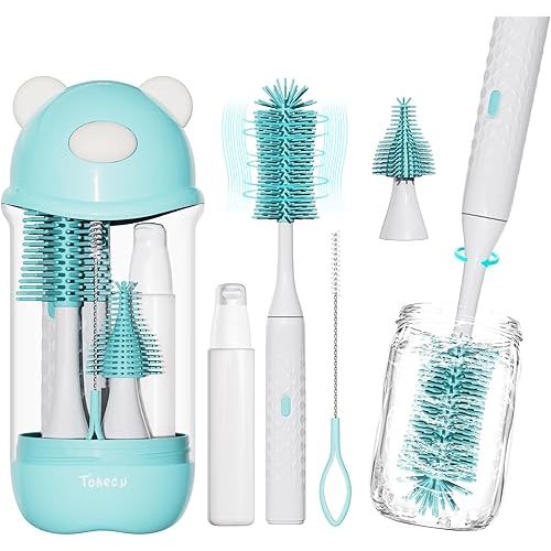 Electric Bottle Brush Cleaner Set, Bear-Shaped Travel Baby Bottle Cleaner Kit with Silicone Nipple & Straw Brush, Soap Dispenser, Drainage Rack, Storage Box(Blue)