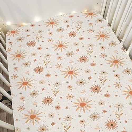 Boho Sun Baby Crib Sheets for Boy Girl 52x28Inch Vintage Sunshine Flowers Leaves Soft Stretchy Fitted Crib Mattress Cover Retro Floral Baby Sheet Fits Unisex Standard Bed and Toddler Mattress