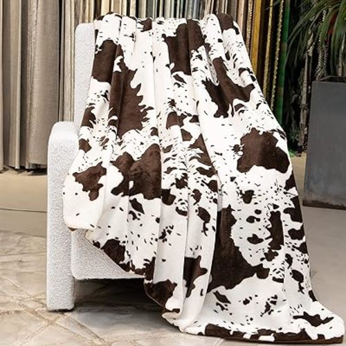 Cow Print Blanket Brown and White Soft Fuzzy Fleece Blanket Lightweight Cozy Throw Blanket Cowhide Gifts Decor Stuff for Girls Women Kids Boys