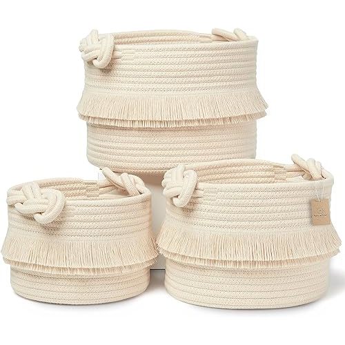 NaturalCozy 3-Piece Boho Decor Storage Basket Set – Cotton Rope Woven Baskets for Organizing! Small Baby Stuff, Shower, Gift Basket, Nursery Planter, Toy Shelves