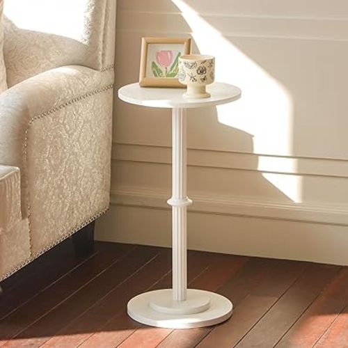 MaxSmeo Drink Table, Small Side Table for Small Spaces, Modern Round End Table with Fluted Wood Leg, White
