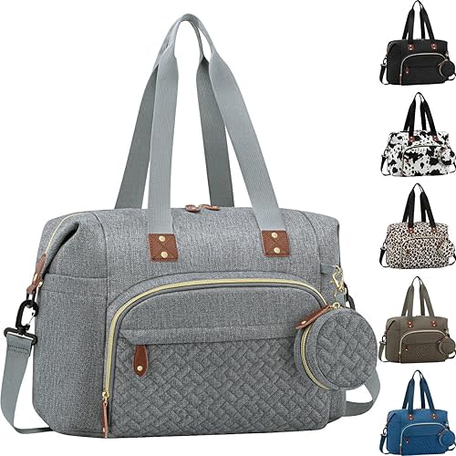 Diaper Bag Tote with Pacifier Case, Large Tote Diaper Bag for Women with Shoulder Straps, Cute Hospital Baby Diaper Tote Bag for Mom Dad, Newborn Baby Diaper Maternity Bag Grey