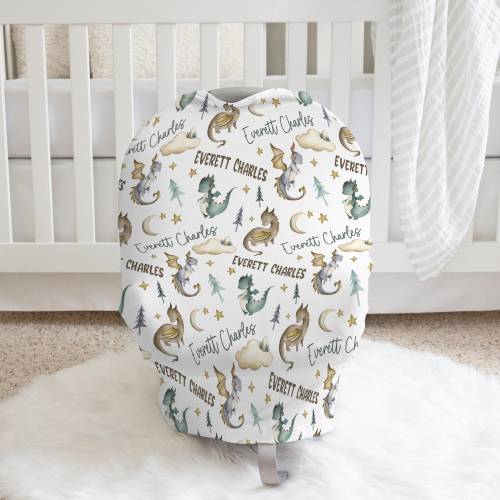 BABY BOY DRAGON Car Seat Canopy, Personalized Baby Seat Cover, Custom Name Dragon Nursing Cover, Dragon Baby Shower Gift, Baby Boy Blanket