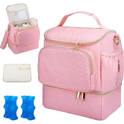 Wearable Breast Pump Bag with Cooler Compartment Compatible with Willow/Elvie/Medela/Momcozy M5/S12 Pro, Breast Milk Cooler Travel Bag with Ice Pack & Mat, Pumping Bag for Work, Pink