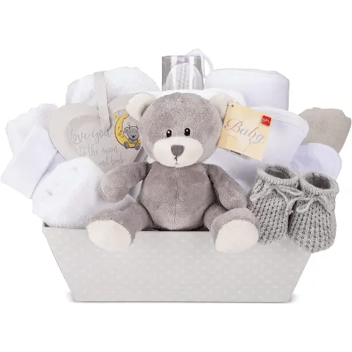 Unisex New Baby Gift Basket - Welcome Baby Gift Basket Set with Fleece Wrap, Hooded Towel, Baby Clothes, 2 Muslin Cloths, Cute Grey Teddy Bear - Gender Neutral Set for Boys or Girls