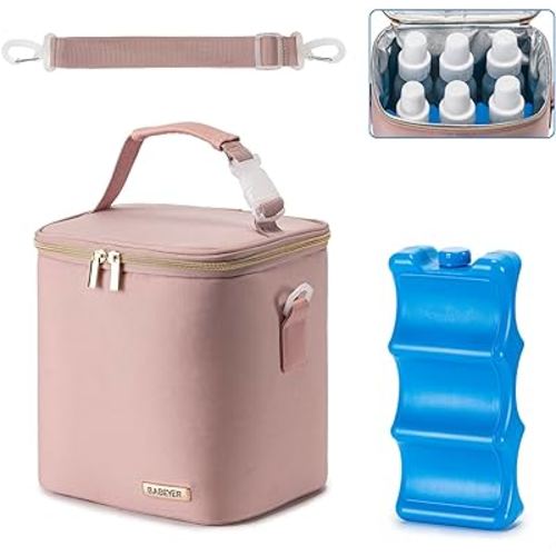 BABEYER Breast Milk Cooler Bag with Ice Pack Fits 6 Baby Bottles Up to 9 Ounce, Baby Bottle Bag with Shoulder Strap for Nursing Mom Daycare, Pink