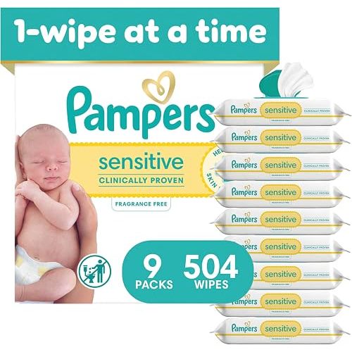 Pampers Sensitive Baby Wipes, Clinically Proven, Fragrance Free, Unscented, Water Based, Hypoallergenic, Multi-Use, Hand Wipes 504 Wipes Total (6X Flip-Top Packs) [Packaging May Vary]