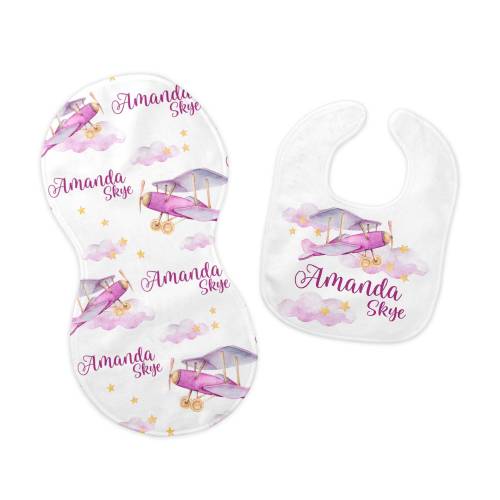 Girl Airplane Bib and Burp Cloth Set, Airplane Bib, Airplane Burp Cloth, Adventure Nursery, Personalized Travel Bib and Burp Set T24
