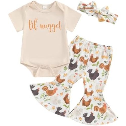 Karuedoo Newborn Baby Girl Farm Outfits Letter Print Short Sleeve Romper Chicken Flared Pants Headband 3Pcs Outfits Sets