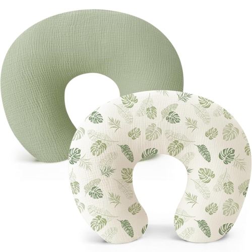Konssy Muslin Nursing Pillow Covers, Soft and Cute Nursing Covers for Breastfeeding Pillows, Ideal for Newborn Baby Boys and Girls (Palm Paradise, Sage) - 2 Pack