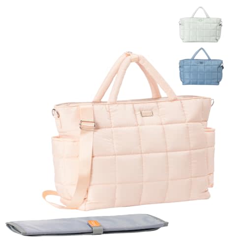 WelaVila Diaper Bag, Puffer Style Messenger Baby Bag, Chic Baby Essentials Travel Bag with Changing Pad & Insulated Pockets, Multifunction Diaper Tote – Coral