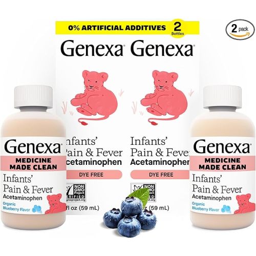 Genexa Infants’ Clean Pain & Fever Acetaminophen, Dye Free, 0% Artificial Additives, Delicious Organic Blueberry Flavor, Liquid Oral Suspension Medicine for Baby, 160 mg per 5mL, 4 fl oz (2 Pack)