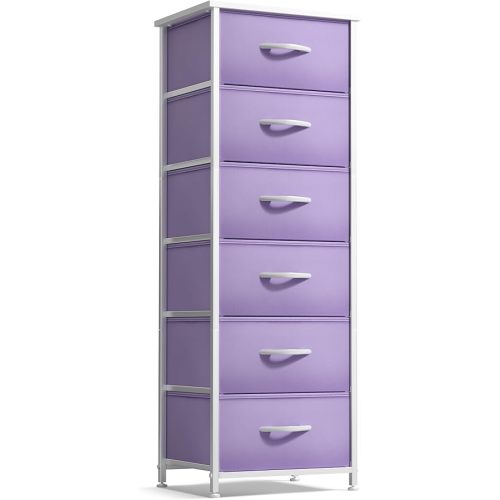 Sorbus Fabric Dresser for Kids Bedroom - Chest of 6 Drawers, Tall Storage Tower, Clothing Organizer, for Closet, for Playroom, for Nursery, Steel Frame, Fabric Bins - Wood Handle (Purple)