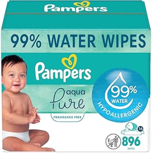 Pampers Aqua Pure Sensitive Baby Wipes, 99% Water, Hypoallergenic, Unscented Baby Wipes, 896 Baby Wipes Total (16 Flip-Top Packs)