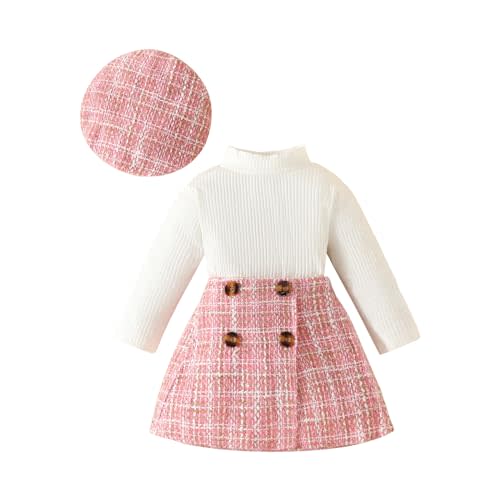 VISGOGO Toddler Girl Skirts Outfit Ribbed Long Sleeve Tops Plaid Tweed Pattern Skirt Beret Baby Fall Winter Clothes