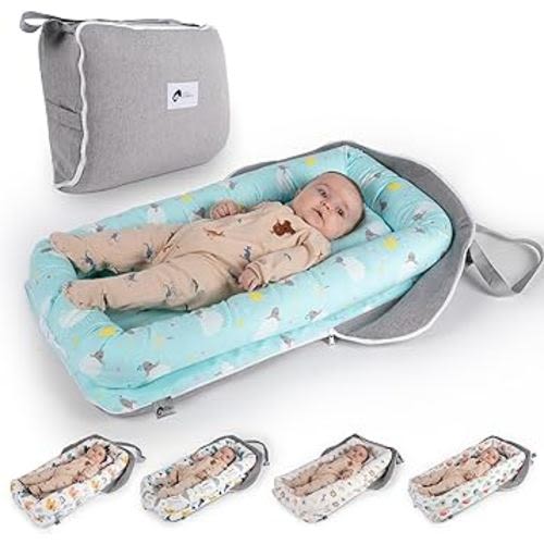 Joyful Journeys Baby Lounger Diaper Bag - Portable Baby Lounger Nest | Versatile Infant Lounger Bag & Diaper Organizer | Cozy Baby Lounger Nest for Convenience (Blue Lambs)