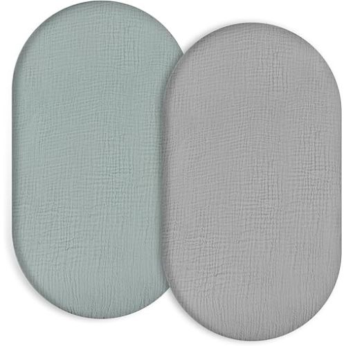Muslin Bassinet Fitted Sheets 2 Pack, 100% Cotton Baby Cradle Sheets in Solid Green & Gray, Soft Breathable Mattress Covers for Boys & Girls, Fit Hourglass, Oval & Rectangle Pads