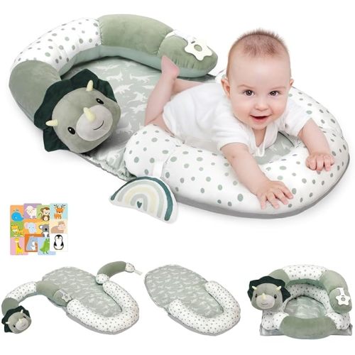 Foryoomi 4 in 1 Tummy Time Mat with Educational Cards, Play Mat & Sitting Support for Newborn 0-12 Months, Infant Baby Sit Me Up Floor Seat, Sensory Skills Gifts, Dinosaur
