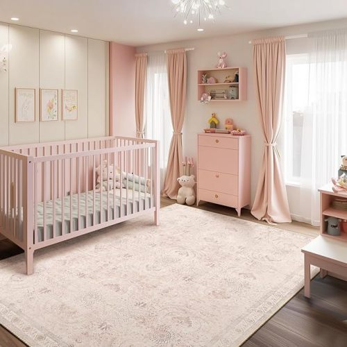 8x10 Area Rug Washable for Living Room Print Ultra-Thin Non Slip Carpet Soft Distressed Neutral Vintage Rug Low Pile Stain Resistant for Bedroom Dining Room Kitchen Playroom Pink