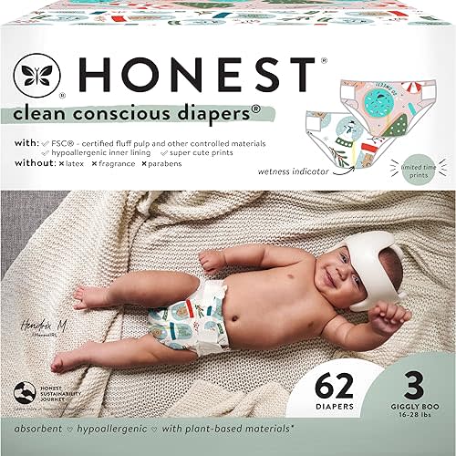 The Honest Company Clean Conscious Diapers | Plant-Based, Sustainable | Winter '24 Limited Edition Prints | Club Box, Size 3 (16-28 lbs), 62 Count