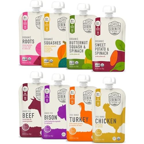 Serenity Kids 6+ Months Baby Food Pouches Puree Made with Ethically Sourced Meats & Organic Veggies - No Sugary Fruits or Added Sugar - 3.5 Oz BPA & Allergen Free Pouch- Baby Puree Variety Pack